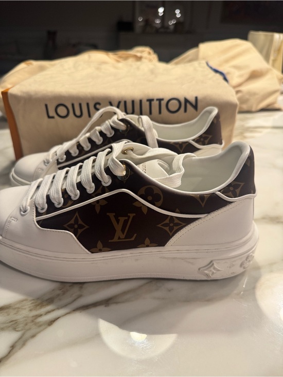 Louis Vuitton Shoes - Louis Vuitton White & Brown Monogram Low-Top Sneakers with Gold Accents